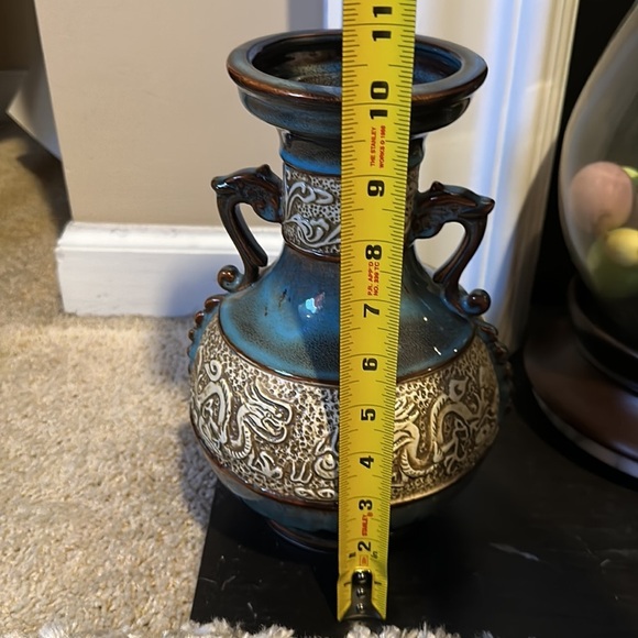 Art Pottery Asian Inspired Drip Glaze Ceramic Handled Vase with Dragon Motif - Picture 9 of 13